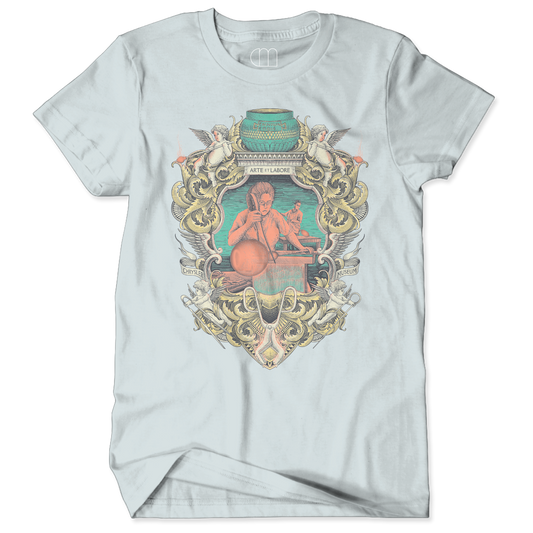 Light blue t-shirt with decorative graphic design on a white background