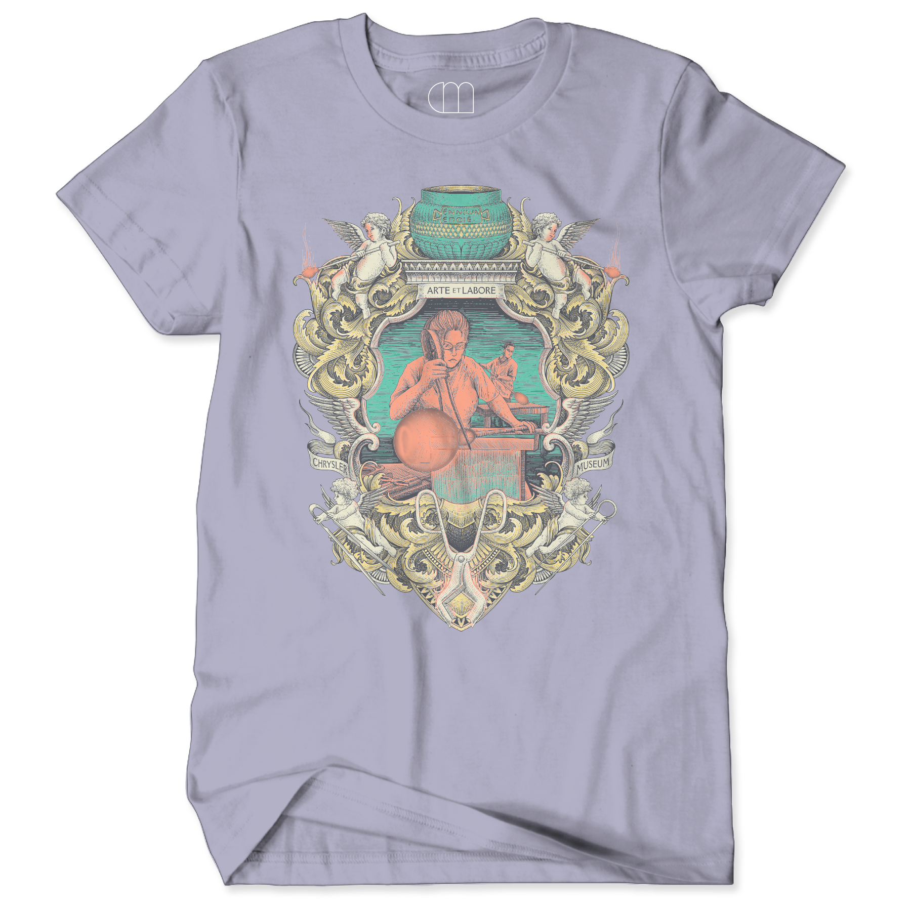 Light purple t-shirt with a decorative graphic design on a white background