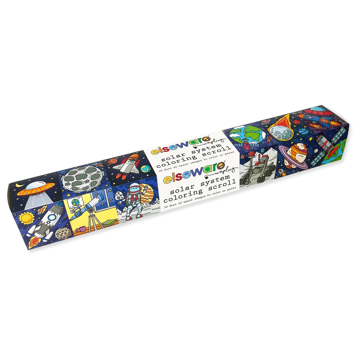 Coloring scroll packaging with space-themed illustrations on a white background