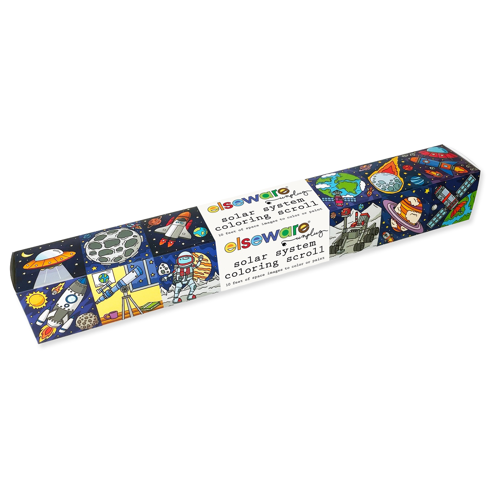 Coloring scroll packaging with space-themed illustrations on a white background