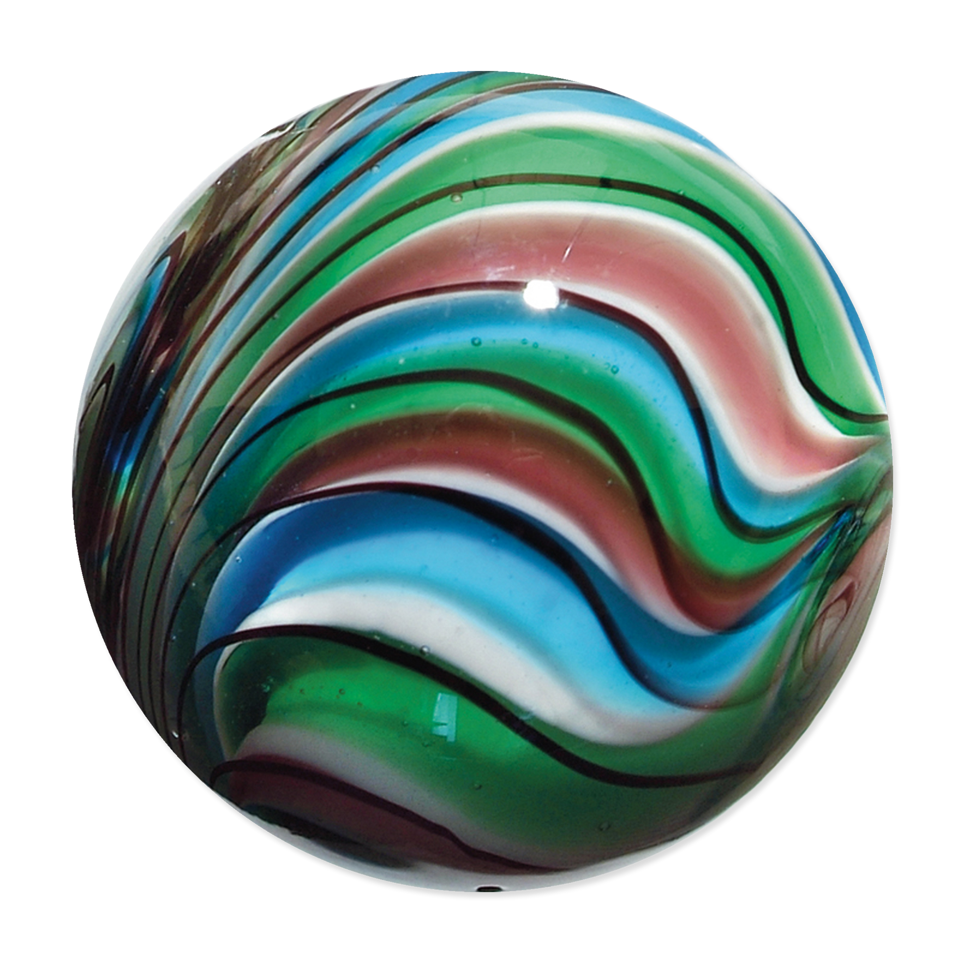 Colorful glass orb with swirling patterns on a white background