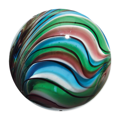 Colorful glass orb with swirling patterns on a white background