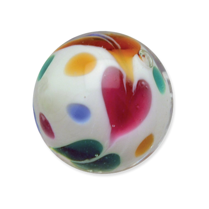 Colorful glass marble with multicolored spots on a white background