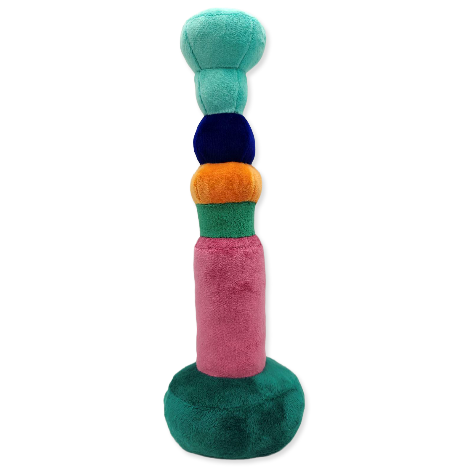 Colorful plush dog toy with a white background