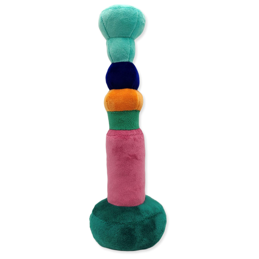 Colorful plush dog toy with a white background