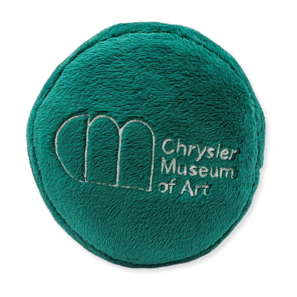 Green plush dog toy with 'Chrysler Museum of Art' logo on a white background