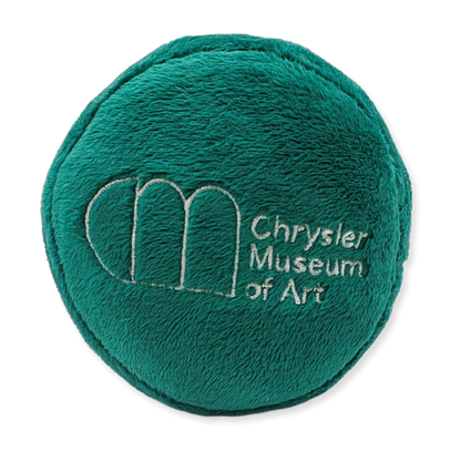 Green plush dog toy with 'Chrysler Museum of Art' logo on a white background