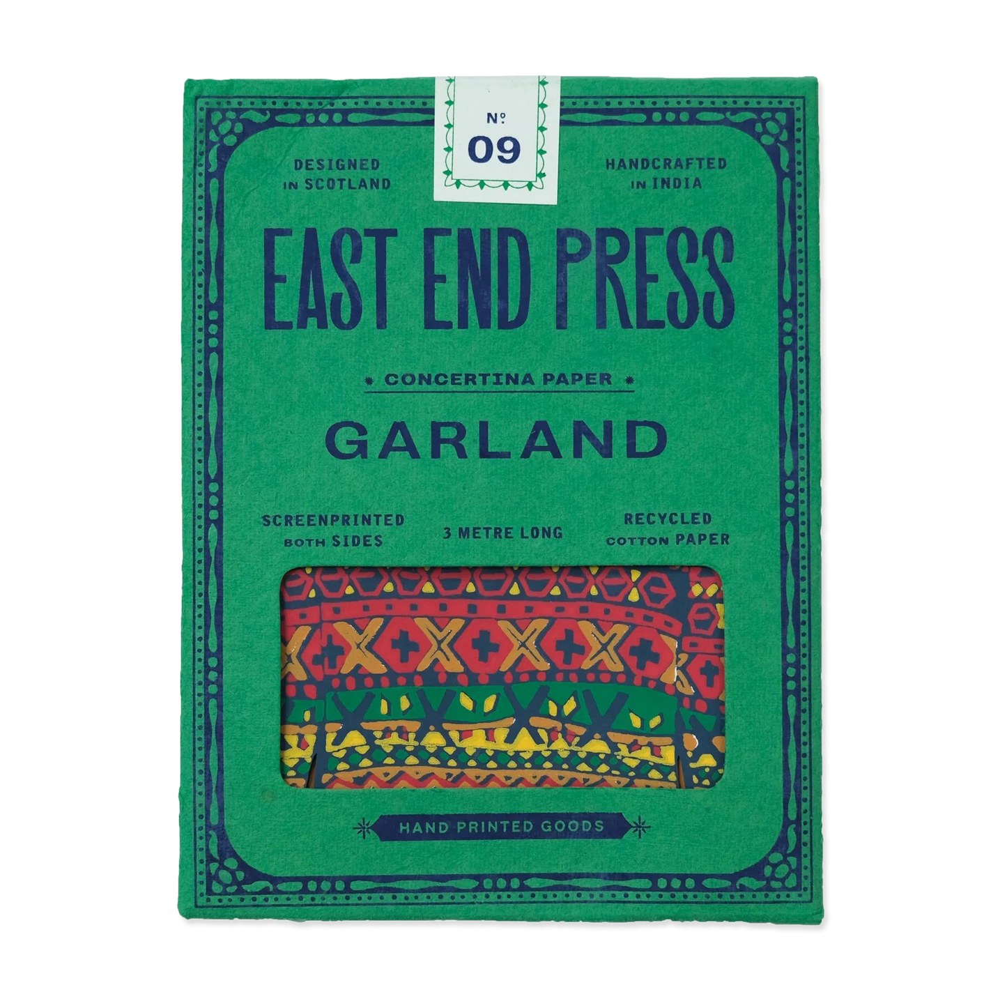 Green packaging of East End Press Garland with colorful patterned paper inside