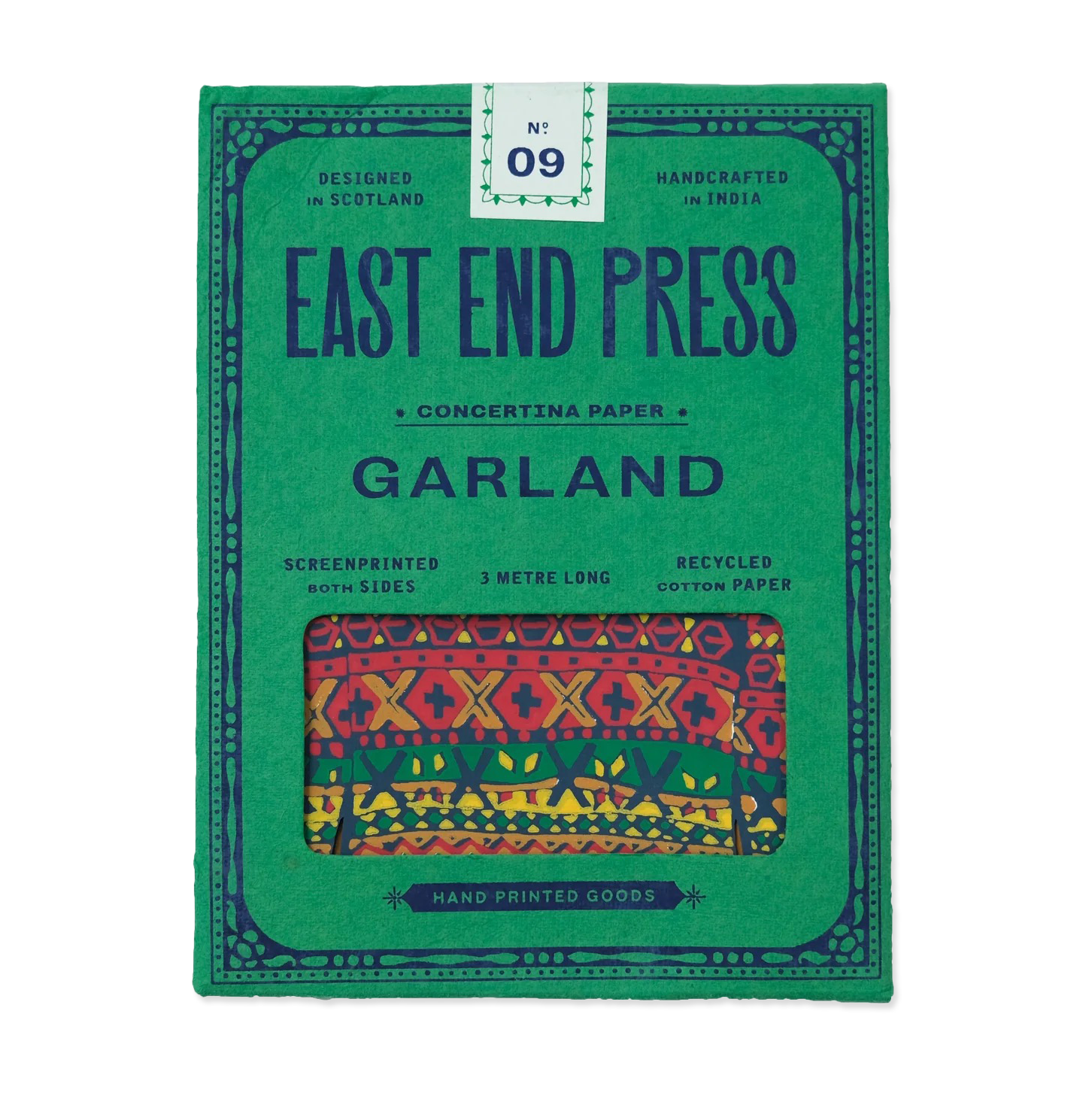 Green packaging of East End Press Garland with colorful patterned paper inside