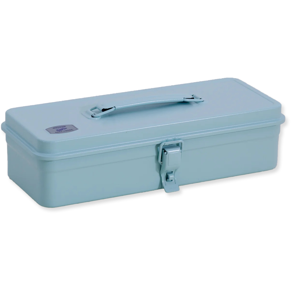 Light blue metal toolbox with a handle on a white background