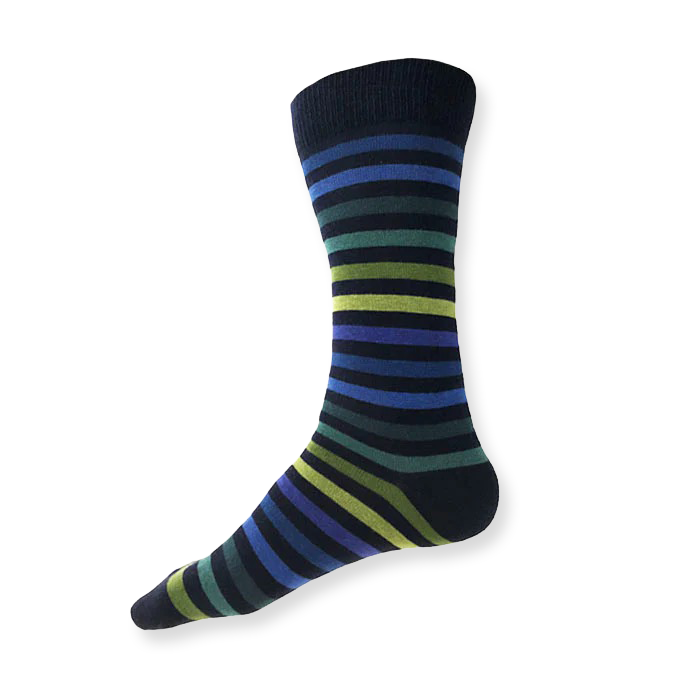Striped sock with blue, green, and black colors on a white background