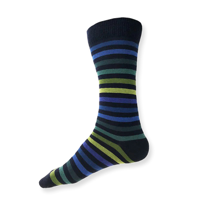 Striped sock with blue, green, and black colors on a white background