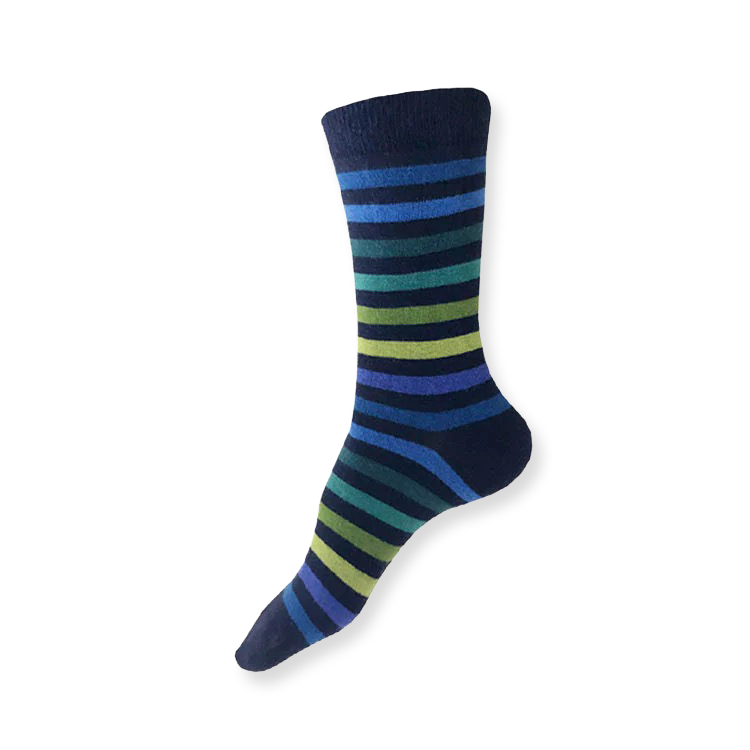 Striped sock with blue, green, and black colors on a white background