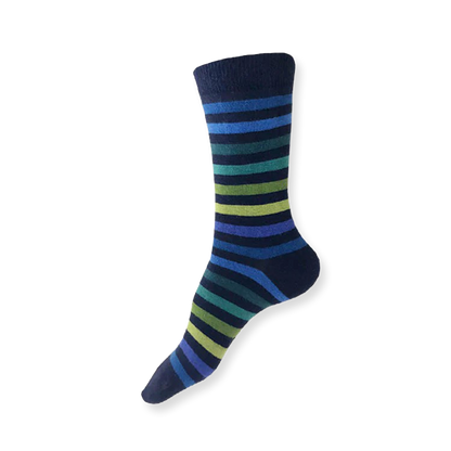 Striped sock with blue, green, and black colors on a white background