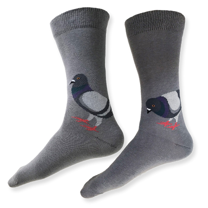 Gray socks with pigeon design on a white background