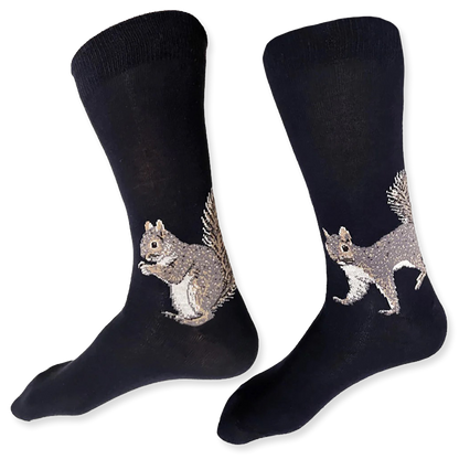 Navy socks with squirrel design on a white background
