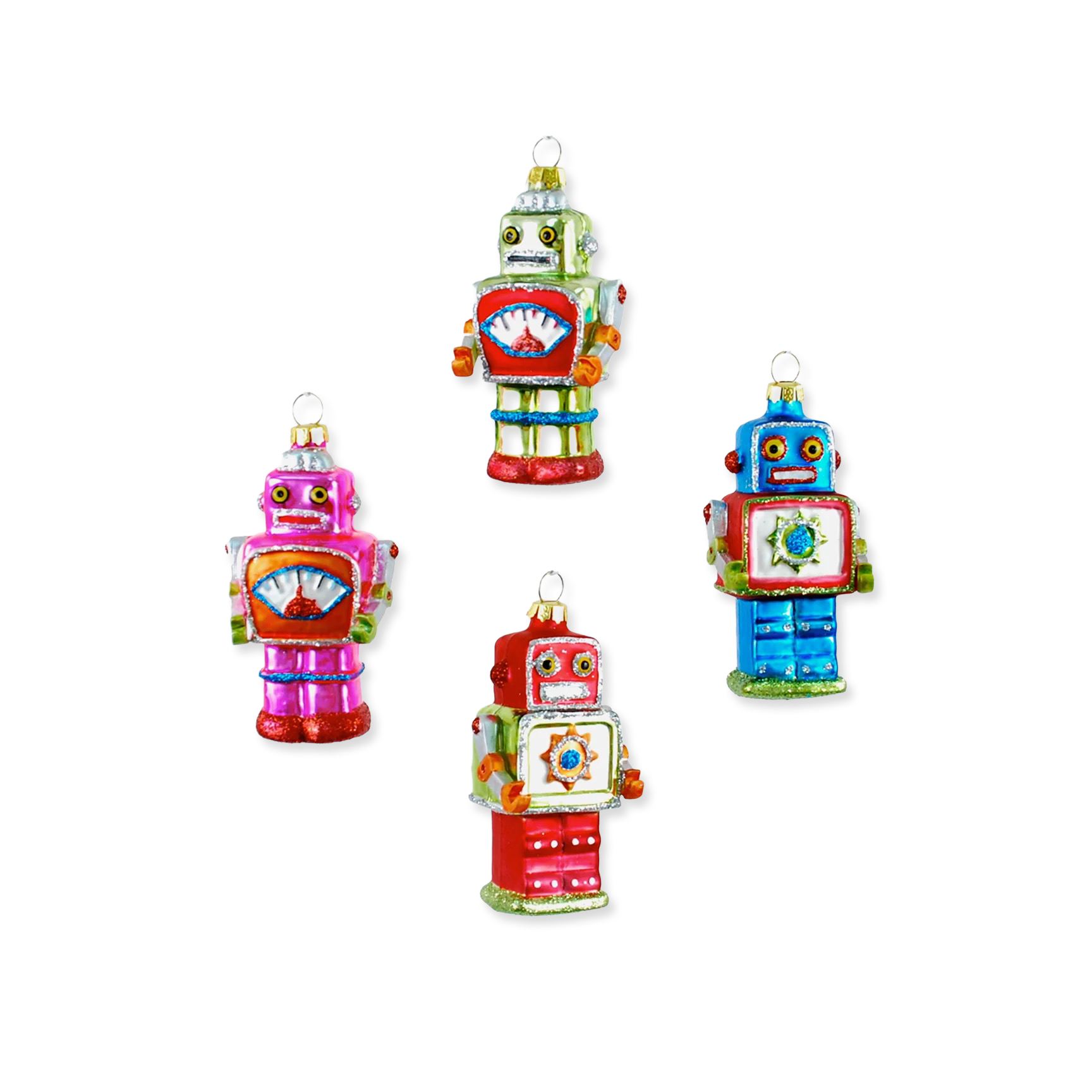 Set of colorful robot-themed Christmas ornaments on a white background