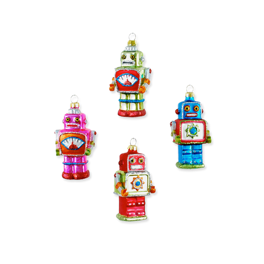 Set of colorful robot-themed Christmas ornaments on a white background