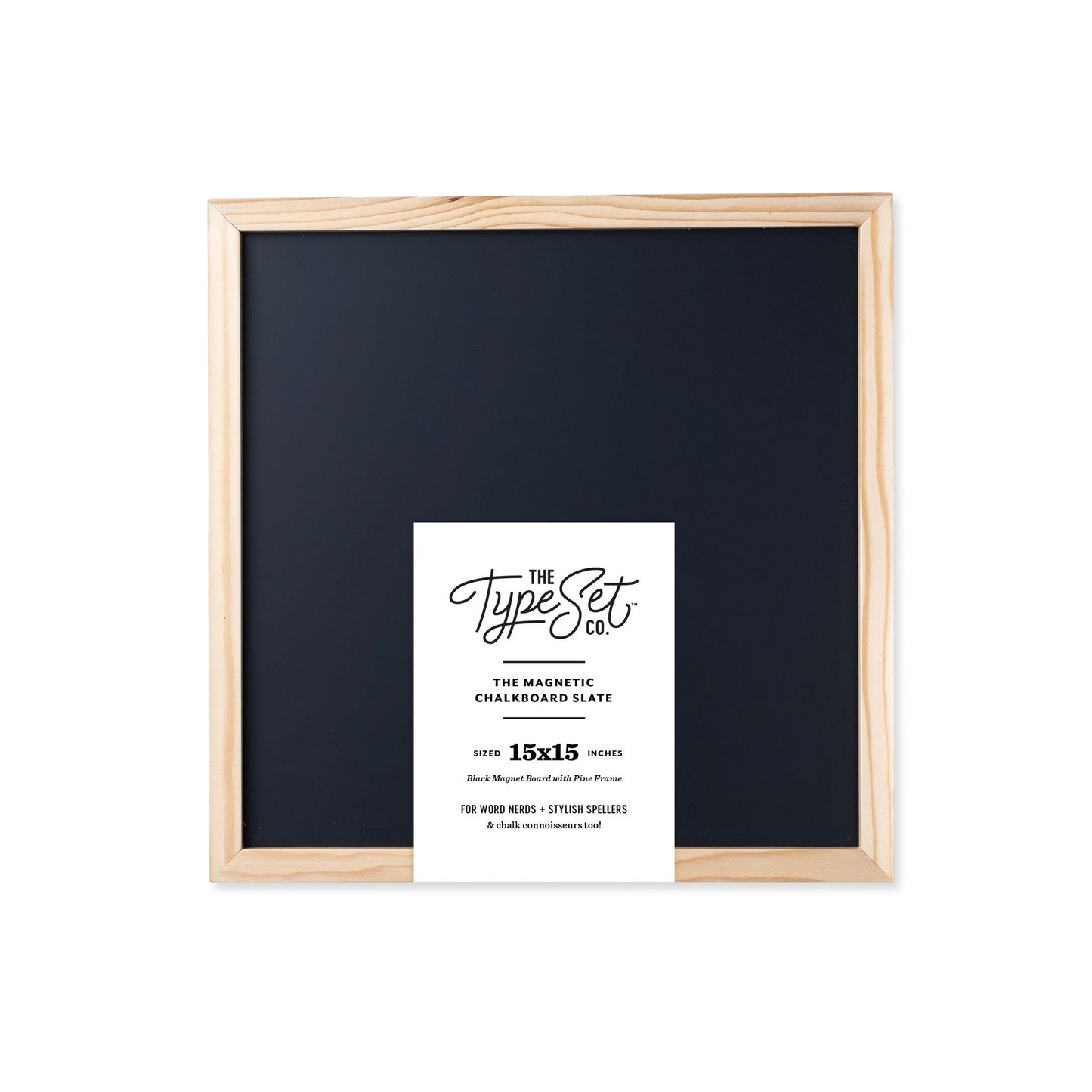 Framed black chalkboard with a white label on a white background