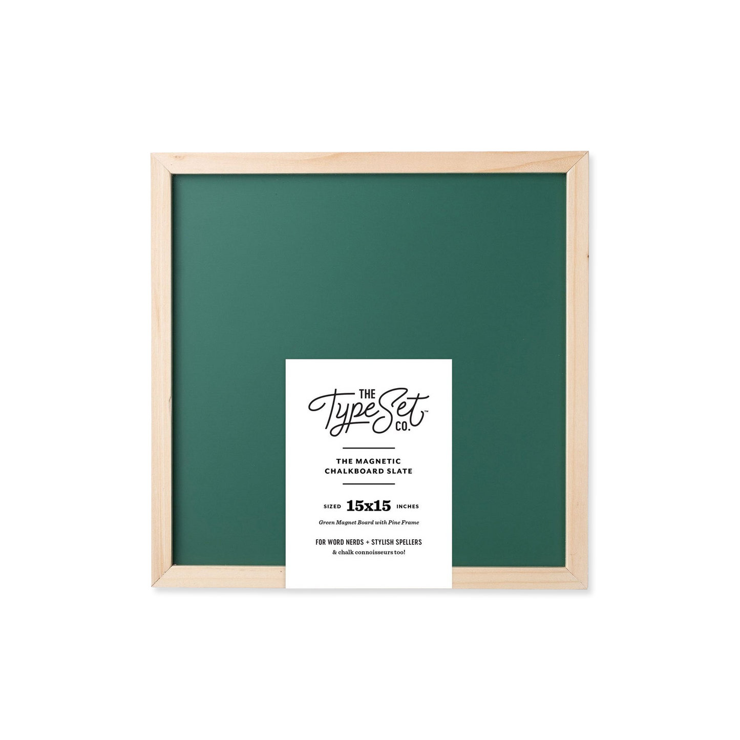 Green chalkboard with wooden frame and Type Set Co. label on a white background