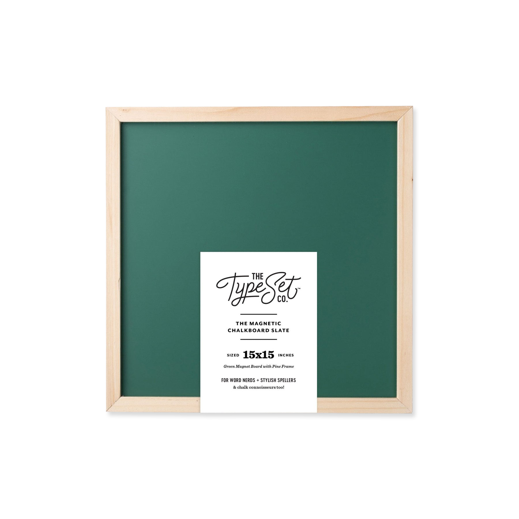 Green chalkboard with wooden frame and Type Set Co. label on a white background