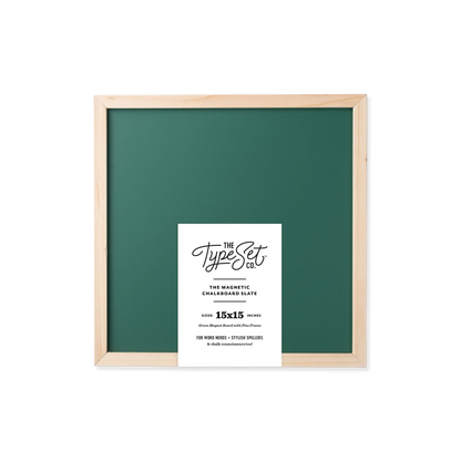 Green chalkboard with wooden frame and Type Set Co. label on a white background