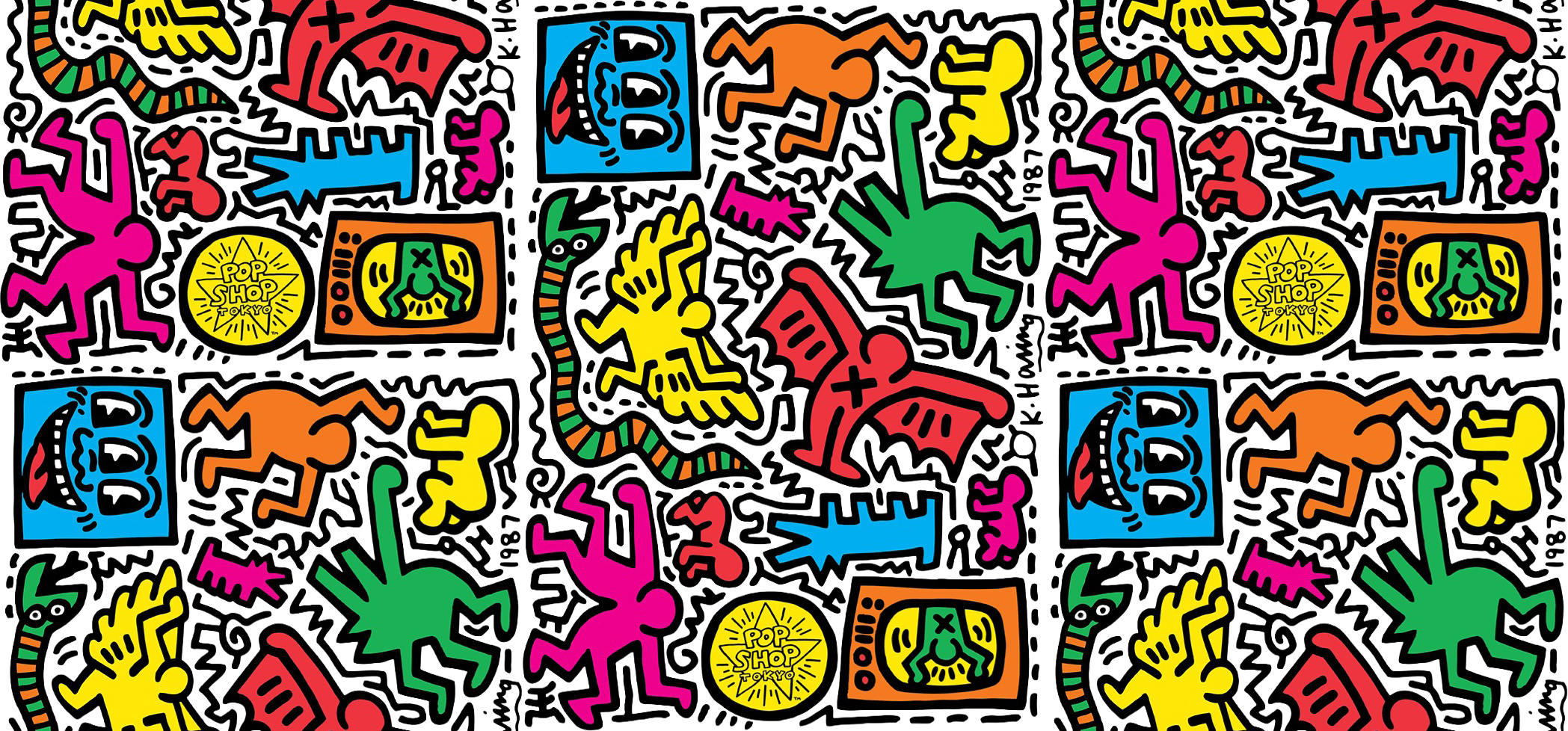 Colorful abstract art pattern with various shapes and symbols on a white background