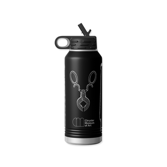 Black water bottle with a logo on a white background