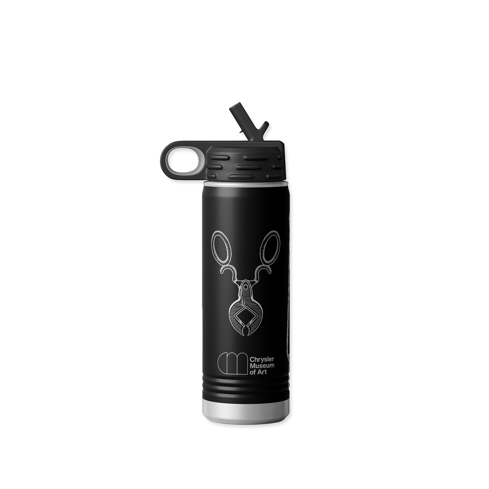 Black water bottle with a logo and text on a white background