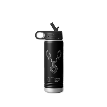 Black water bottle with a logo and text on a white background