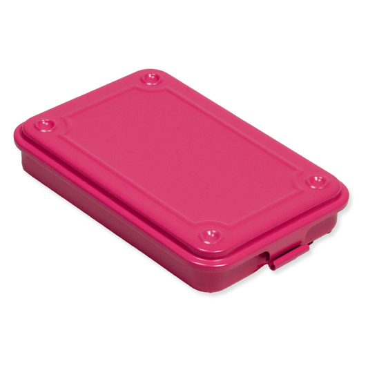 Pink rectangular steel container with a lid on a white background