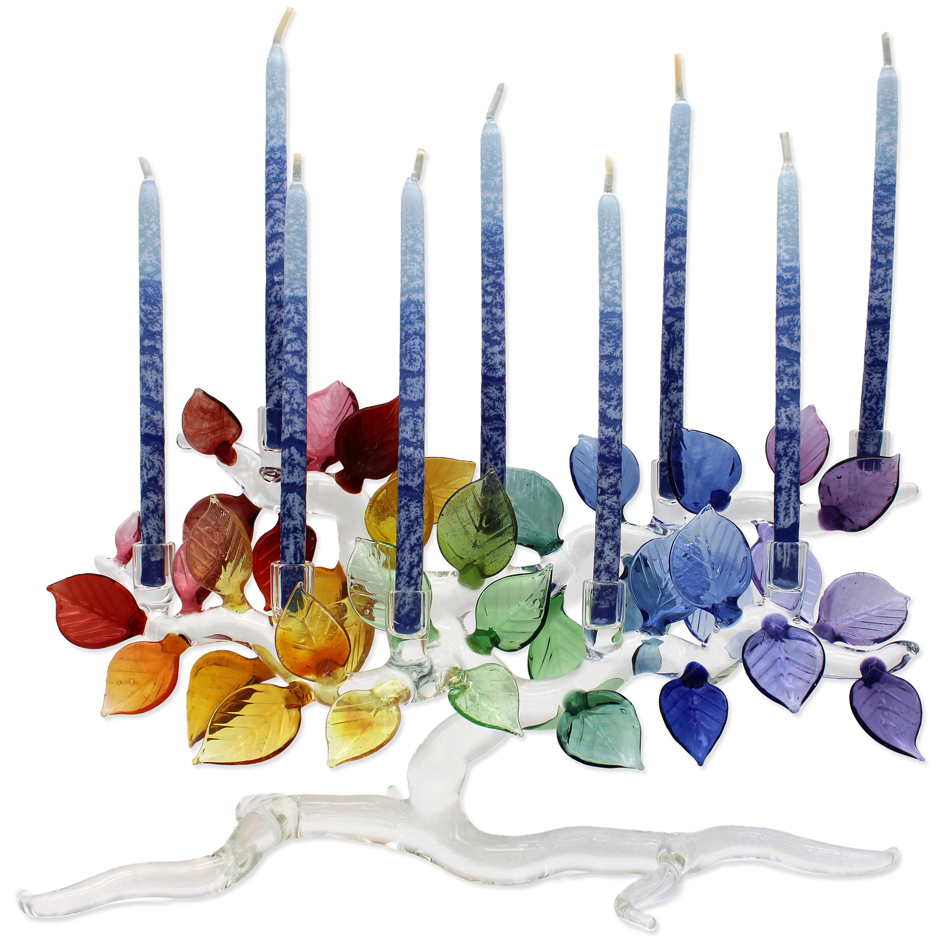 Colorful Menorah with leaves and candles on a white background
