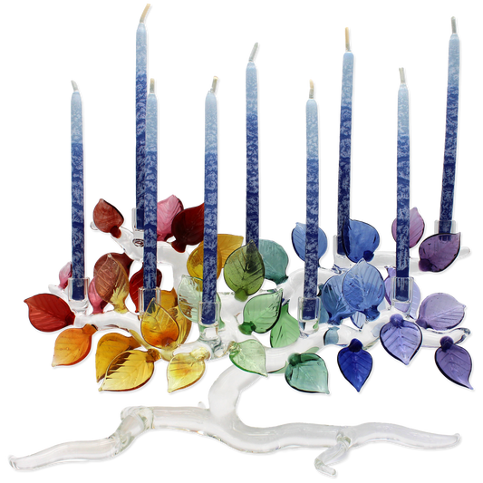 Colorful Menorah with leaves and candles on a white background