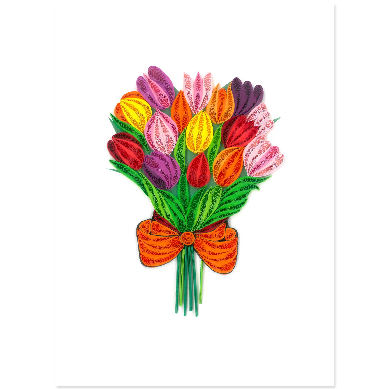 Quilled note card featuring a design of colorful tulips.