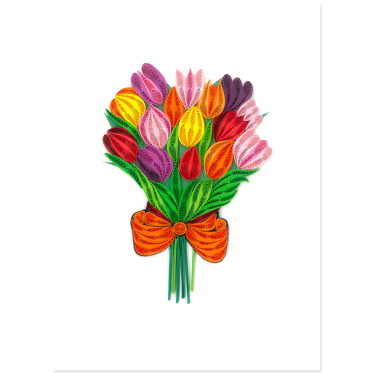 Quilled note card featuring a design of colorful tulips.