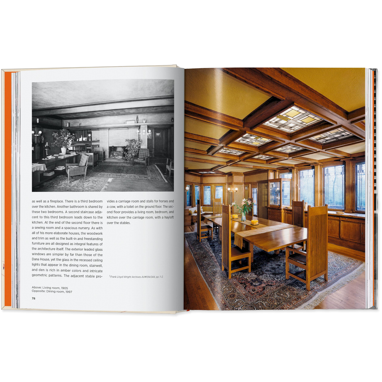 Open book showing interior design of a room with wooden furniture and large windows.