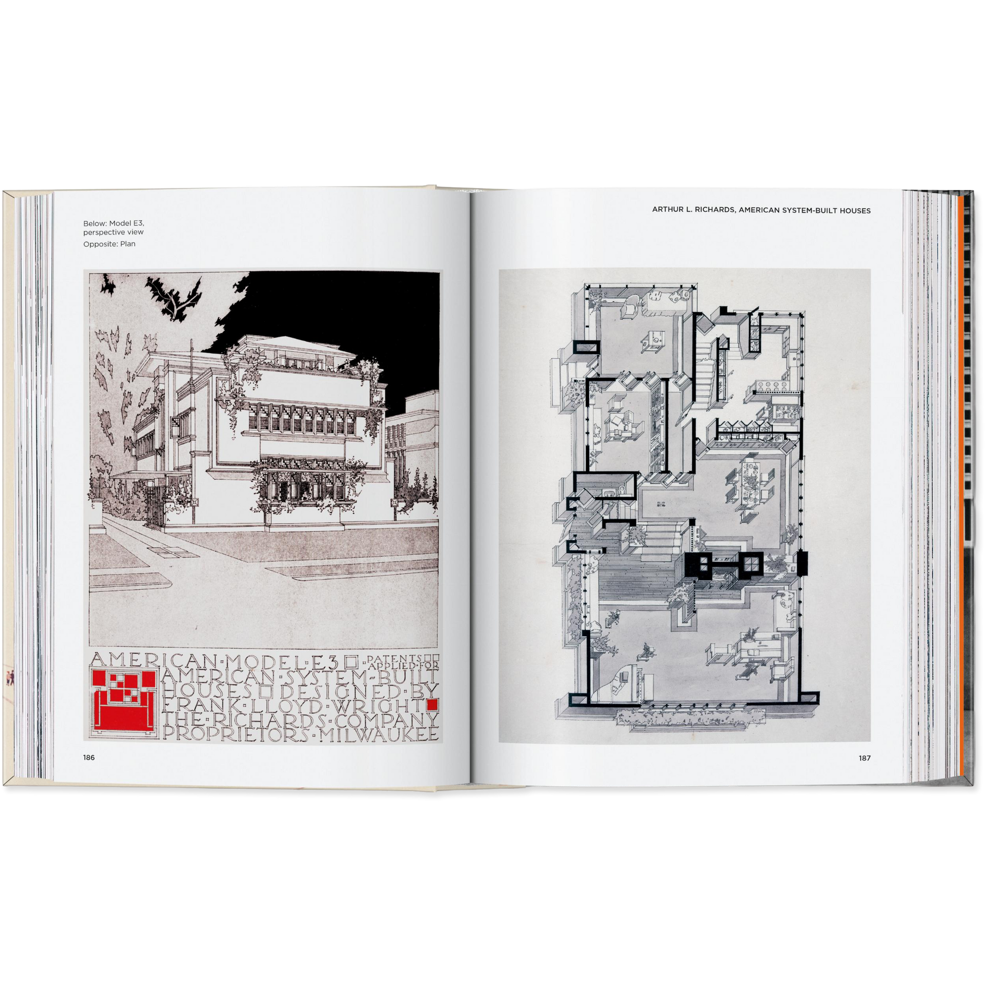 Open book showing architectural drawings and text on a white background