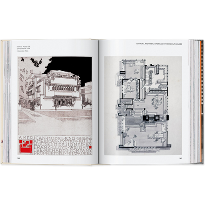 Open book showing architectural drawings and text on a white background