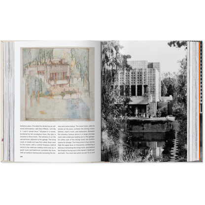 Open book showing architectural drawings and black and white photograph of a building.