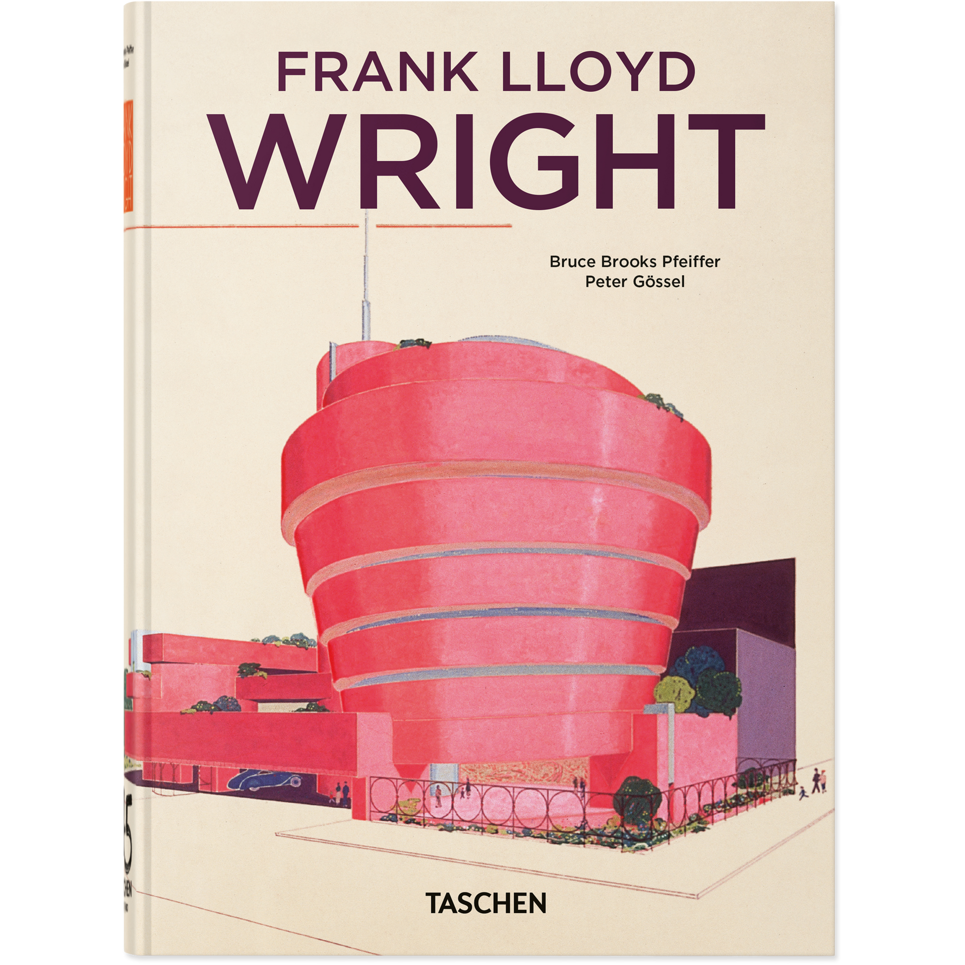 Book cover of 'Frank Lloyd Wright' by Taschen with a red architectural design on a beige background.