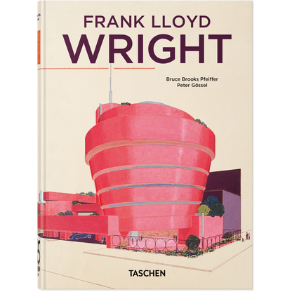Book cover of 'Frank Lloyd Wright' by Taschen with a red architectural design on a beige background.