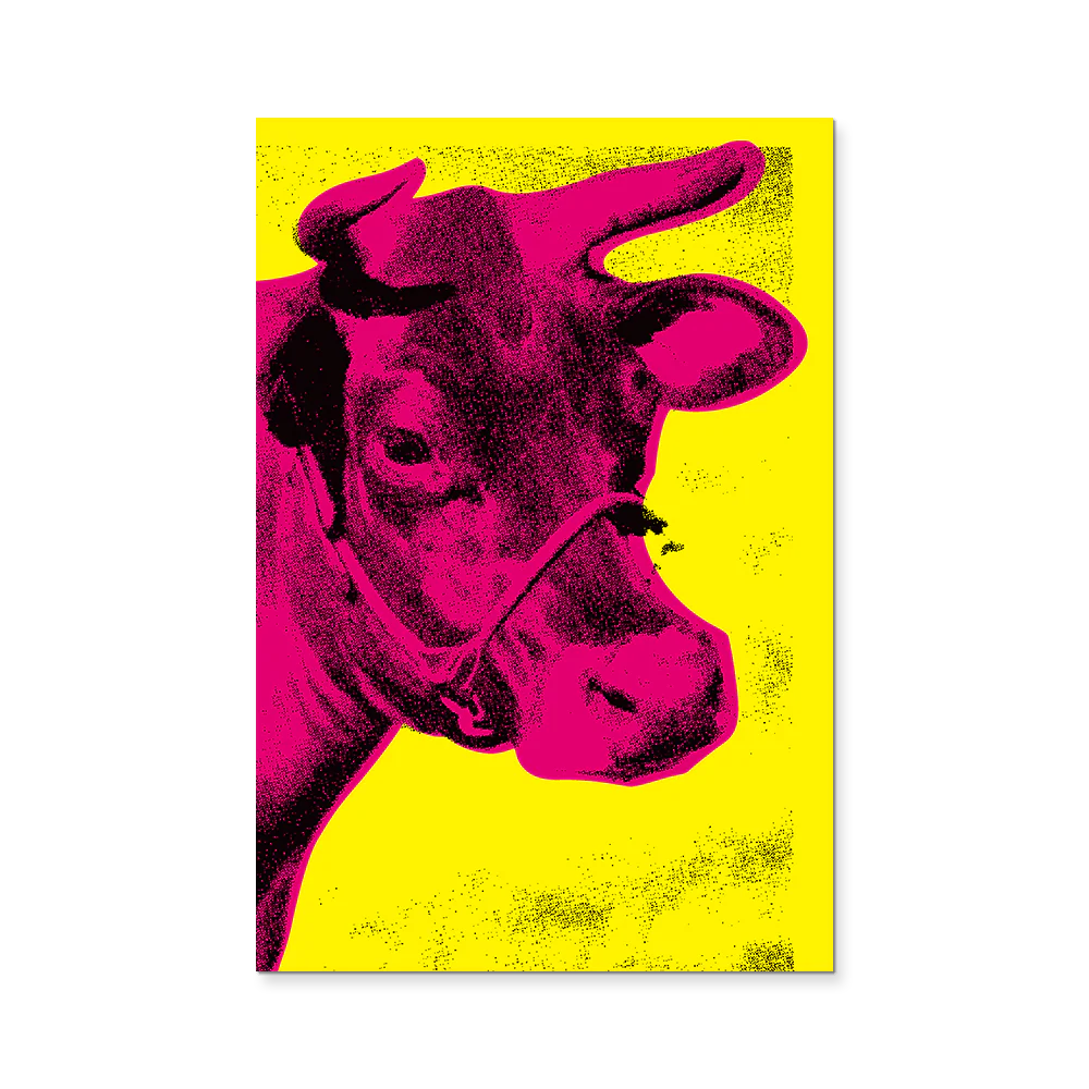 Pop art-style illustration of a cow with a yellow background