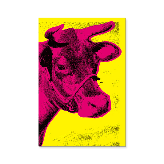 Pop art-style illustration of a cow with a yellow background
