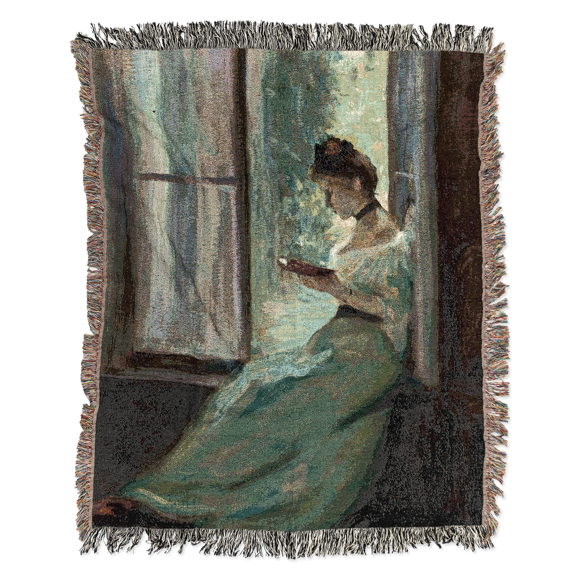 Woven blanket with a woman reading by a window design
