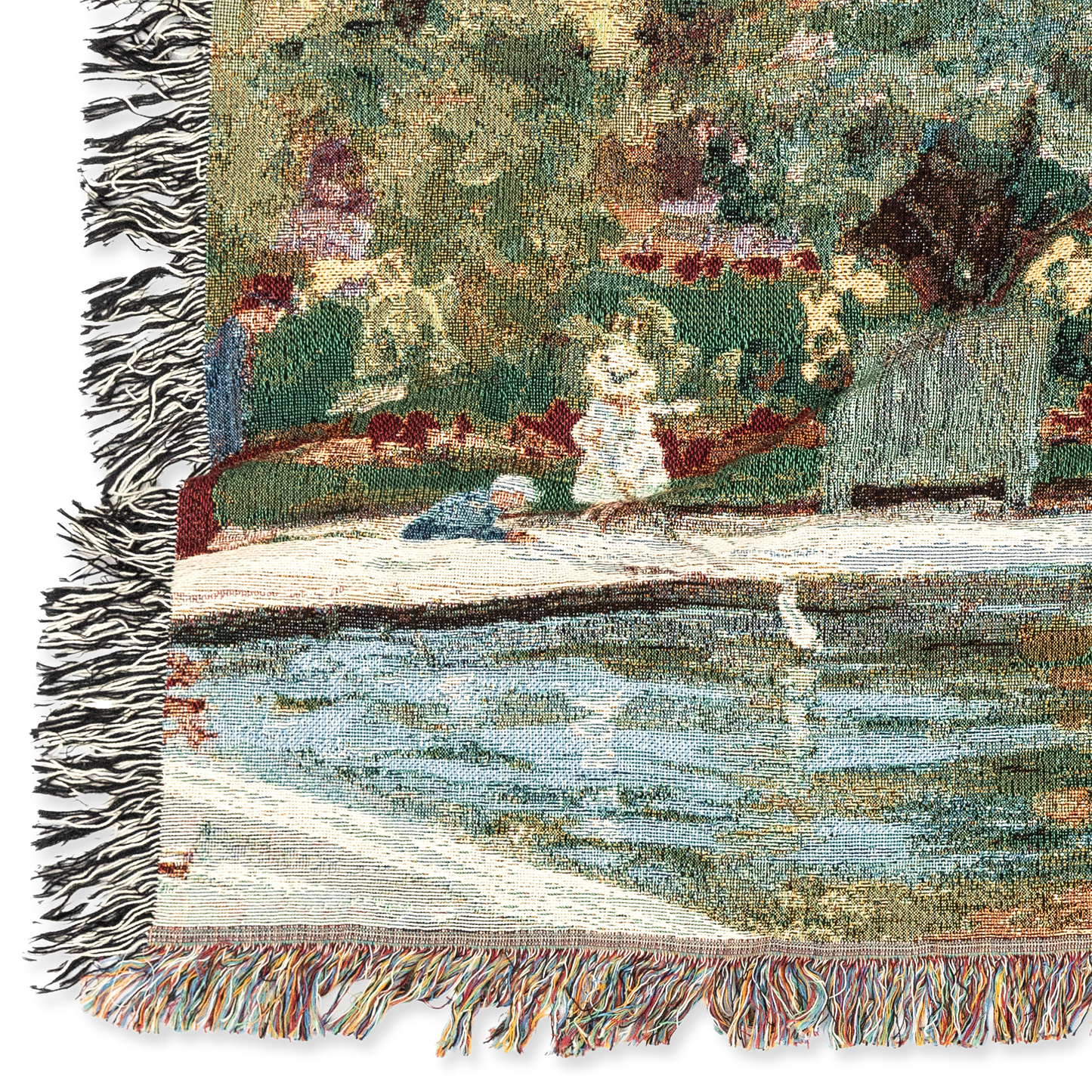 Woven blanket with a scenic design of a dock and figures, featuring fringes on the edges.