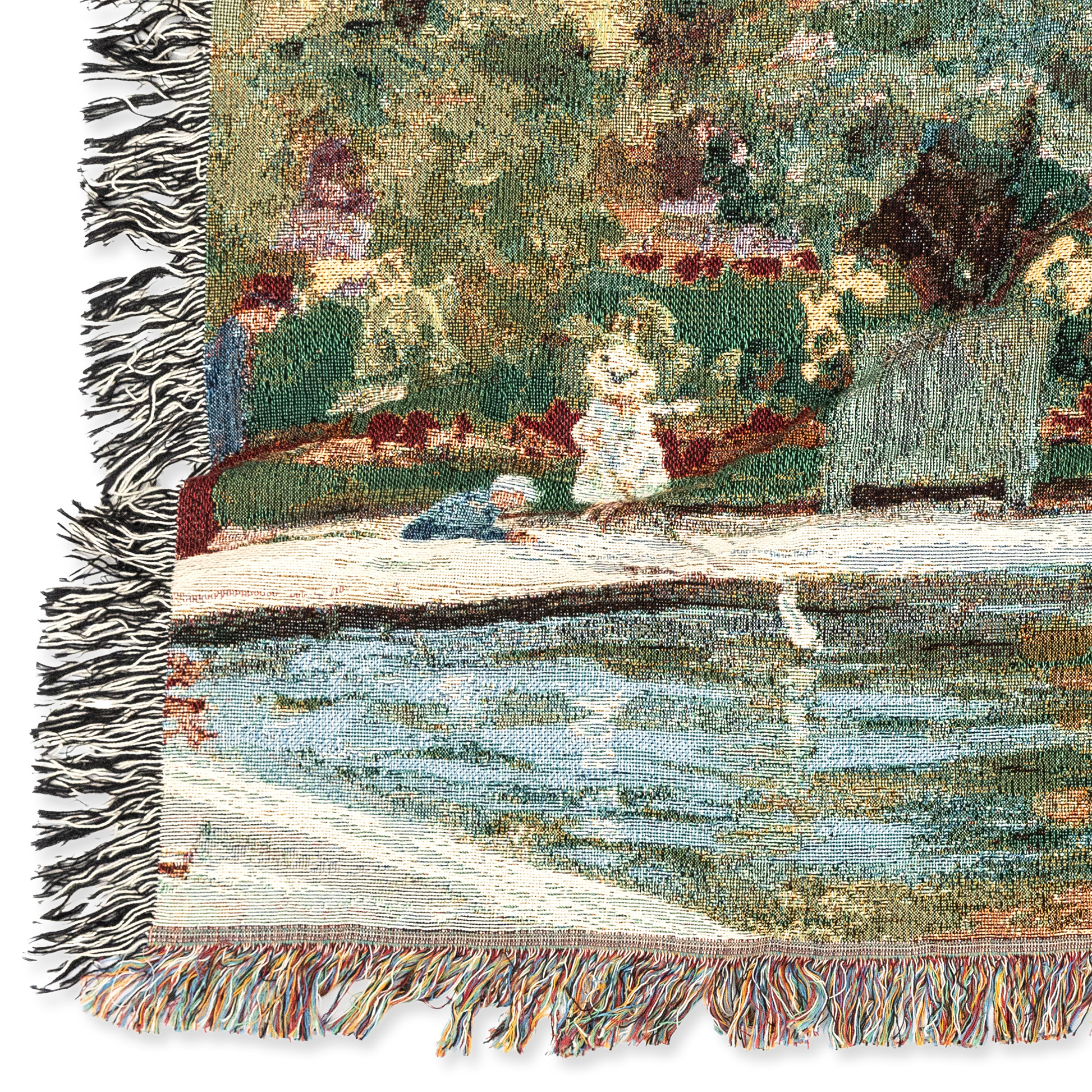 Woven blanket with a scenic design of a dock and figures, featuring fringes on the edges.