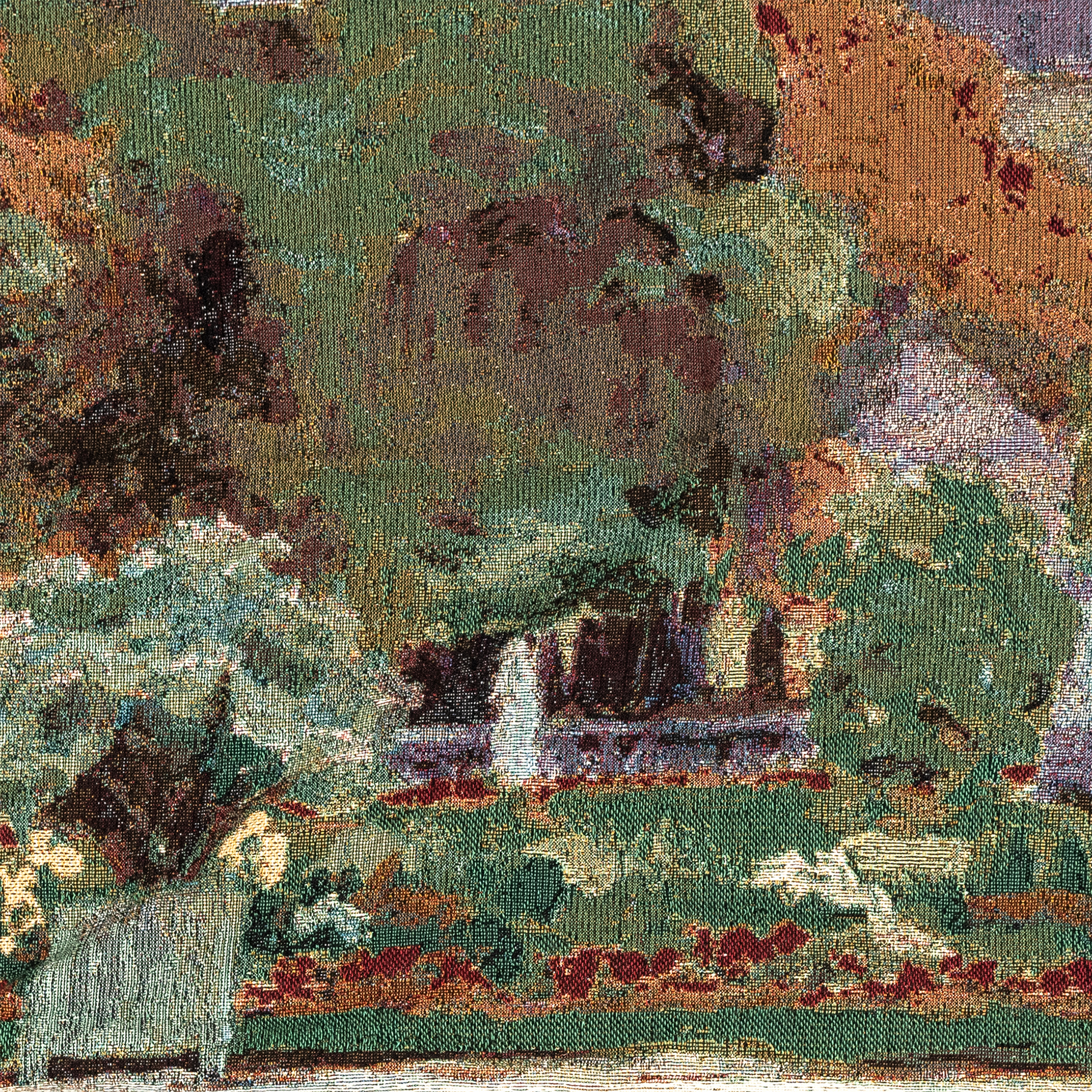 Close-up of a woven fabric with nature-themed design