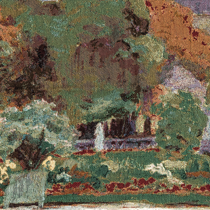 Close-up of a woven fabric with nature-themed design