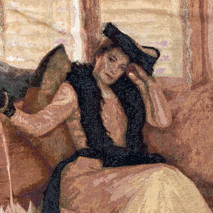 Woman sitting on a couch adjusting her hat in a warm-toned interior setting