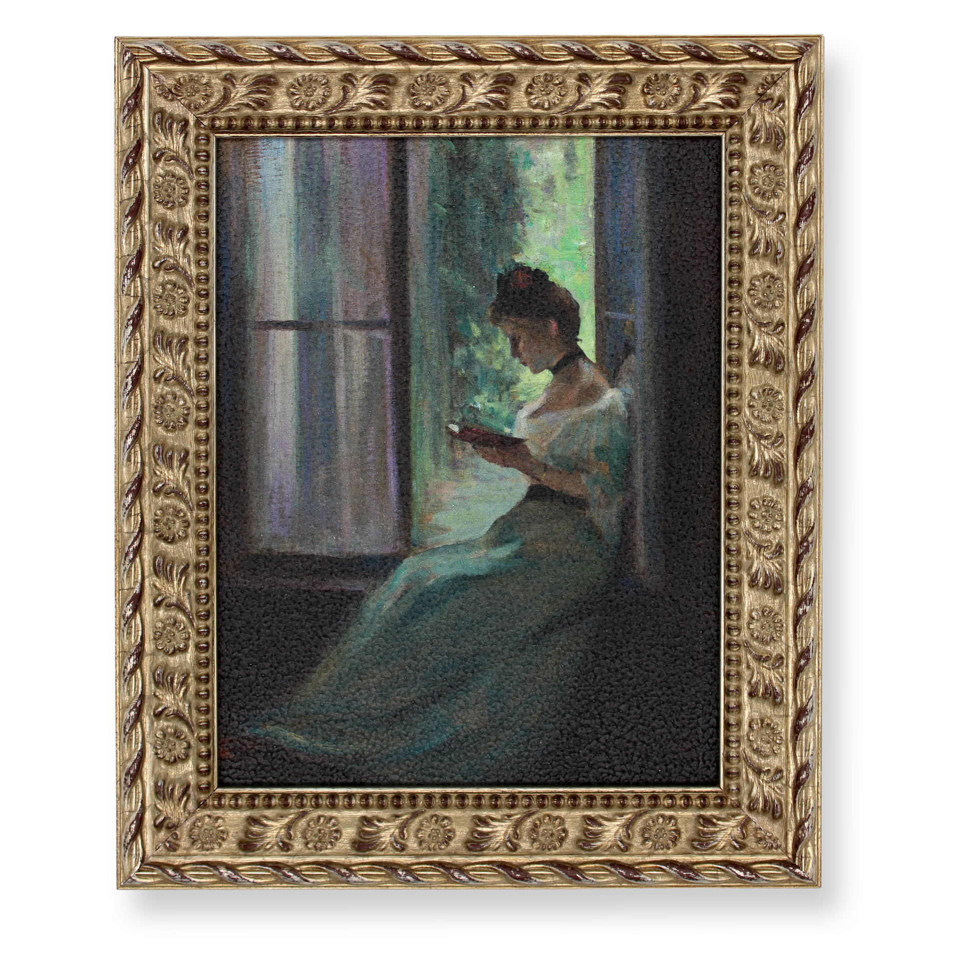 Framed textured print of Susan Watkins' "Woman by a Window"